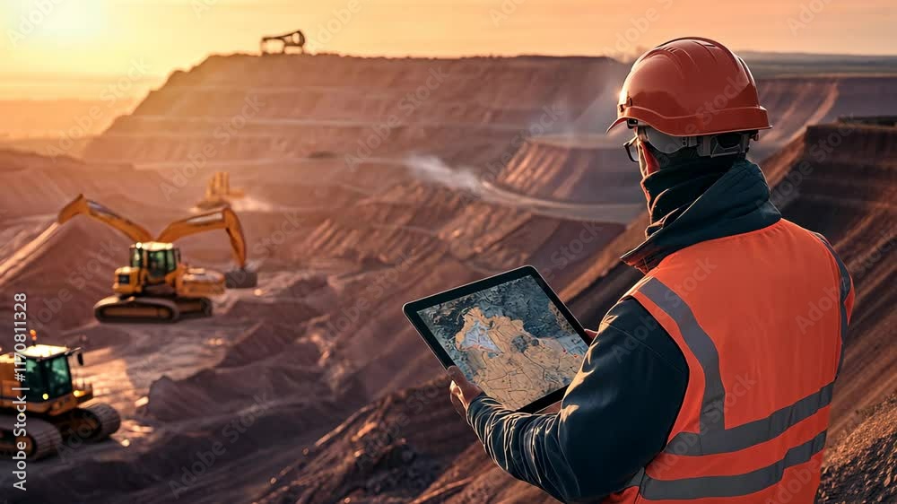 Worker analyzing data on tablet as machinery operates in mining site during sunset