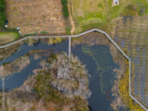 ACARLAR LONGOZU SAKARYA KARASU ADAPAZARI TURKIYE High-angle view of a boardwalk trail through a wetland ecosystem.An aerial perspective showcases a network of wooden boardwalks traversing a tranquil  photo