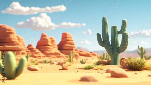 A stylized, cartoonish desert landscape with a large cactus and reddish-orange sandstone buttes, soft light, and fluffy clouds.