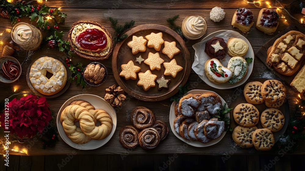 A Festive Dessert Display of Traditional Christmas Cookies and Cheerful Holiday Decor A Festive Dessert Display of Traditional Christmas Cookies and Cheerful Holiday Decor
