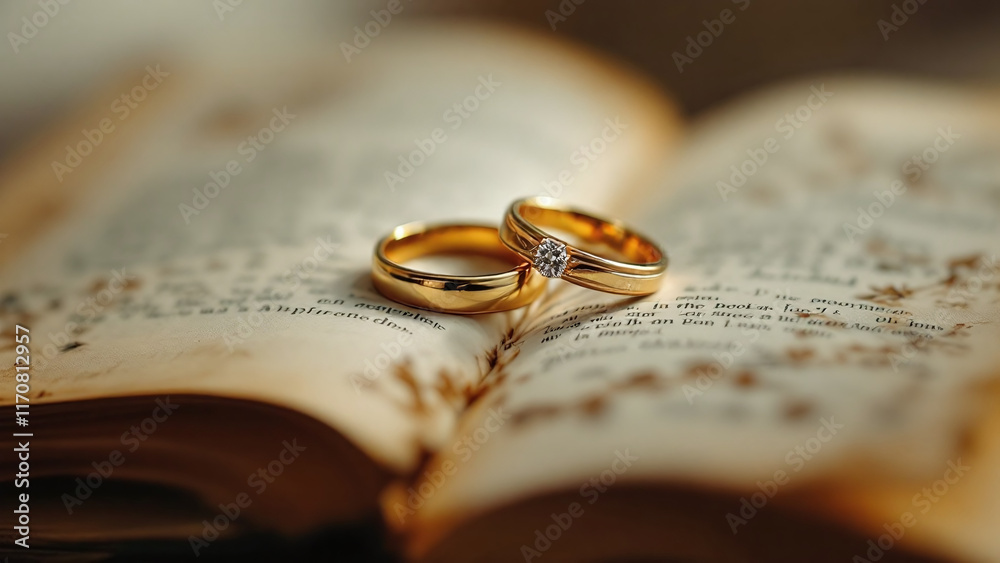 Golden wedding rings on an open book with a romantic mood Golden wedding rings on an open book with a romantic mood