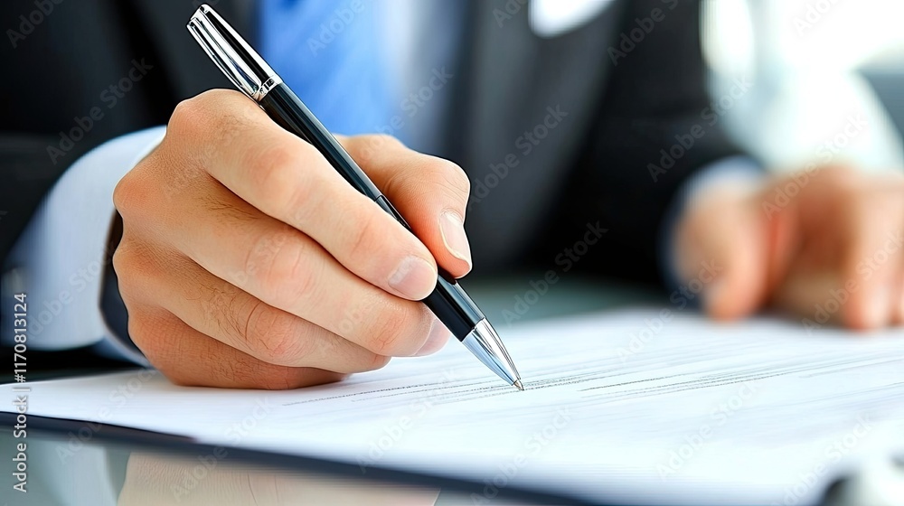 A hand holding a pen, signing a document on a table in a business setting. A hand holding a pen, signing a document on a table in a business setting.