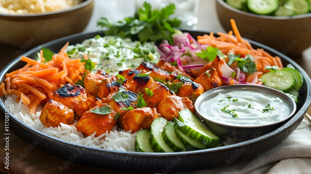 Delicious Chicken Tikka Masala Platter with Basmati Rice, Yogurt, and Fresh Salad Delight Delicious Chicken Tikka Masala Platter with Basmati Rice, Yogurt, and Fresh Salad Delight