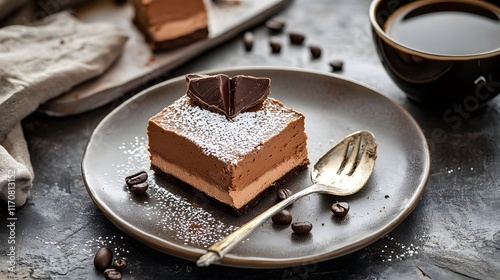 Indulgent and Rich Chocolate Mousse Dessert with Elegant Coffee and Sugar Garnish