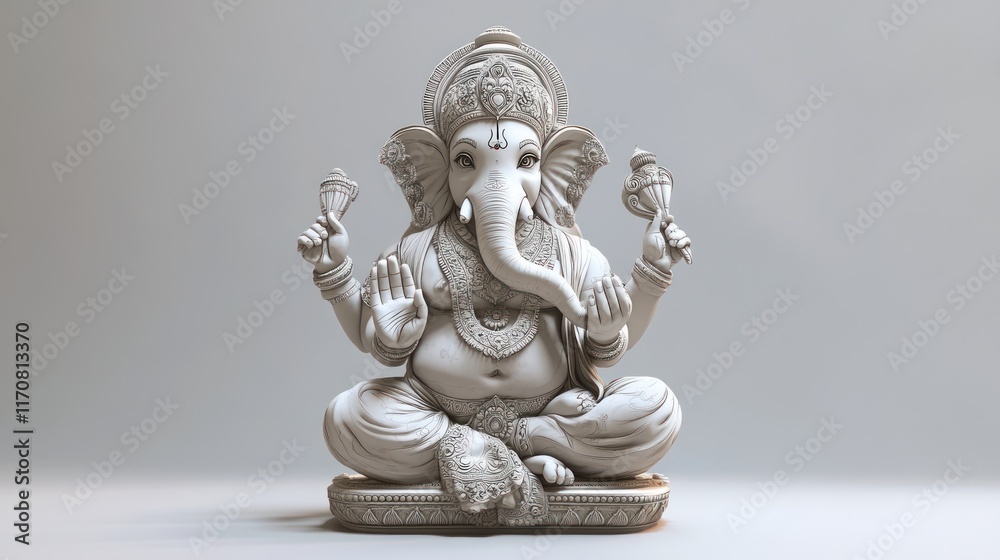 Elegant, light-gray statue of Hindu god Ganesha, seated in a meditative pose, detailed ornate design, against a plain white background. Elegant, light-gray statue of Hindu god Ganesha, seated in a meditative pose, detailed ornate design, against a plain white background.