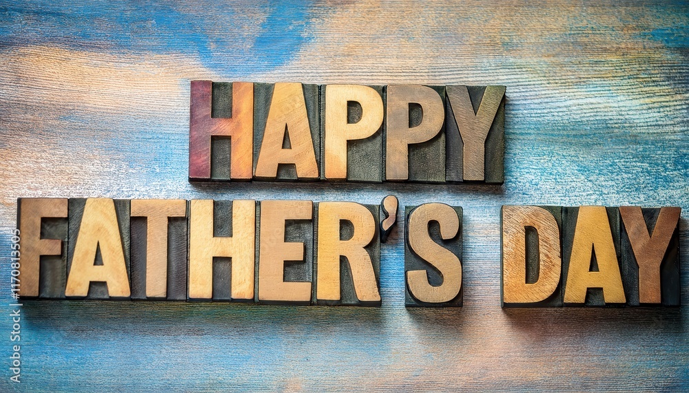 Naklejka premium Happy Father's Day Rustic Wooden Block Letters on Blue Wood Background with Copy Space. Perfect for Greeting Card Designs, Social Media Posts, Blogs, or Celebratory Announcements