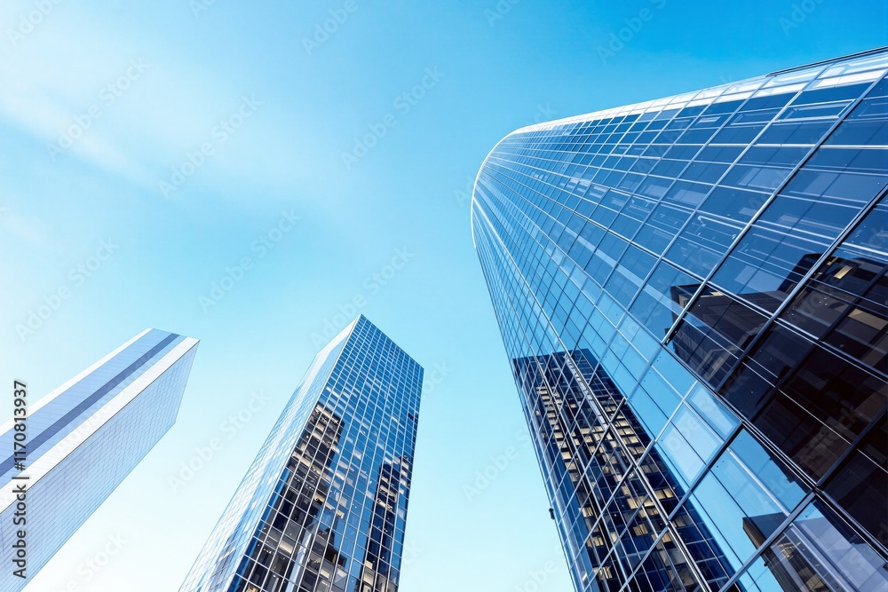 Low-angle view of modern skyscrapers with glass facades reflecting sky, against a clear blue background. Concept of urban architecture and design. Ai generative Low-angle view of modern skyscrapers with glass facades reflecting sky, against a clear blue background. Concept of urban architecture and design. Ai generative