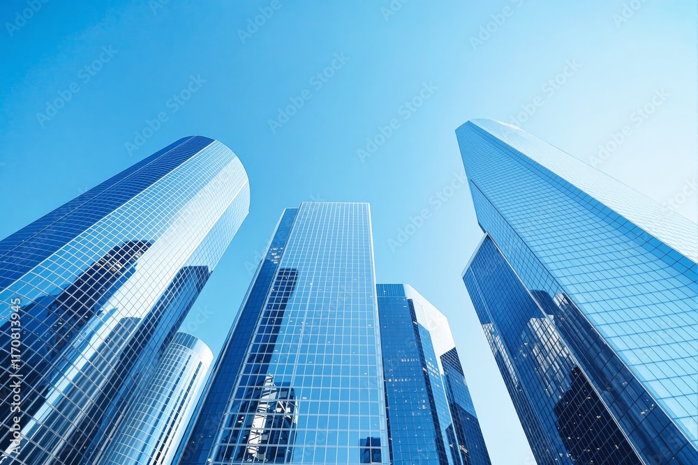 Tall modern skyscrapers with reflective glass facades towering under a bright blue sky, creating a perspective of urban architecture and progress. Ai generative Tall modern skyscrapers with reflective glass facades towering under a bright blue sky, creating a perspective of urban architecture and progress. Ai generative