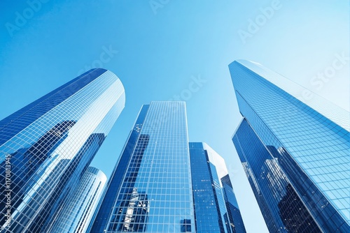 Tall modern skyscrapers with reflective glass facades towering under a bright blue sky, creating a perspective of urban architecture and progress. Ai generative