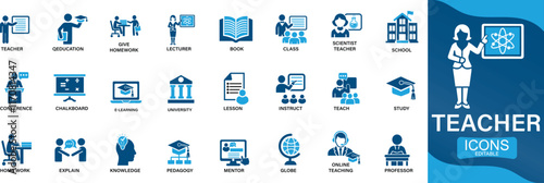 Teacher icon set lesson, class, school, teaching, mentor, professor, education, books, instruct, You can easily change the color.