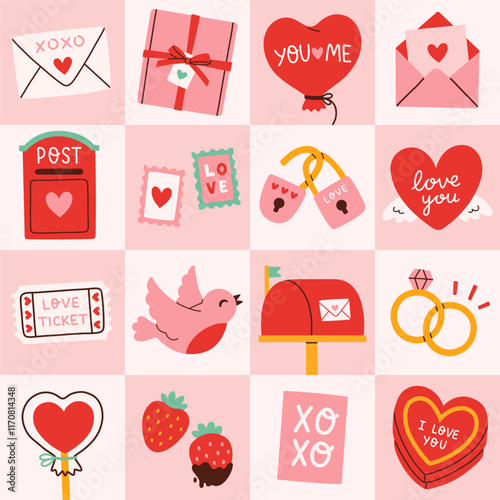Valentines day sale background. Love and heart geometric pattern. Trendy geometric shapes in retro style for a Valentines Day poster