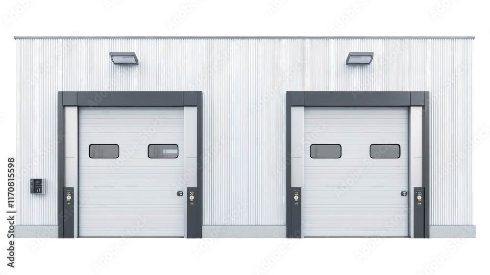 Modern industrial building exterior featuring two large loading bay doors on a bright day in an urban area.