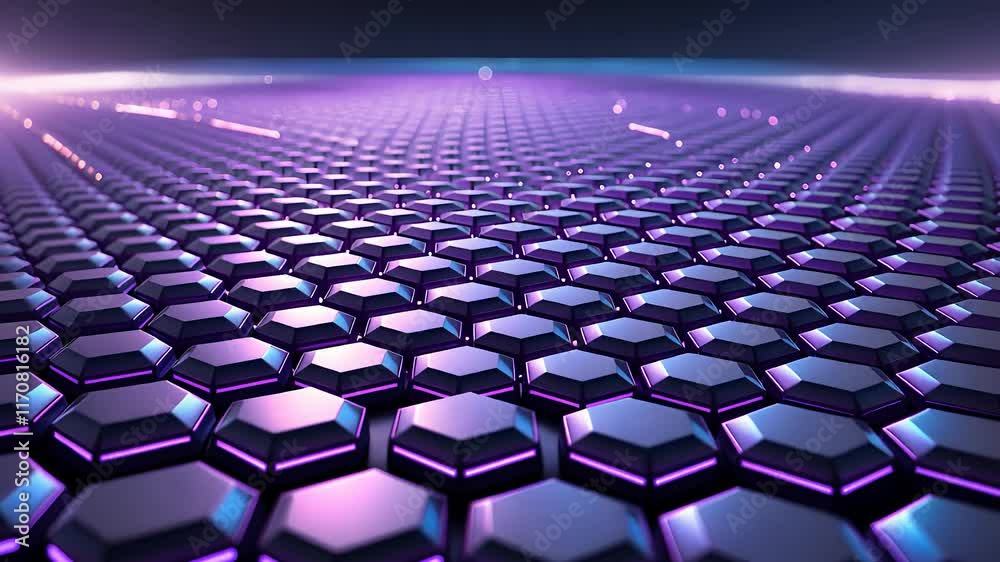 Futuristic Hexagonal Pattern with Purple Glow and Reflections on a Seamless Surface in a Digital Abstract Design

