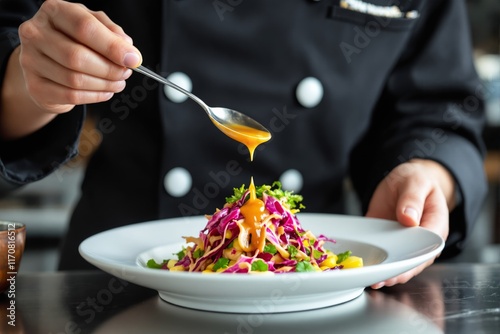 Close-up of a chef's hands pouring sauce over a vibrant vegetable salad garnished with herbs, on a plate, against a blurred background. Ai generative photo