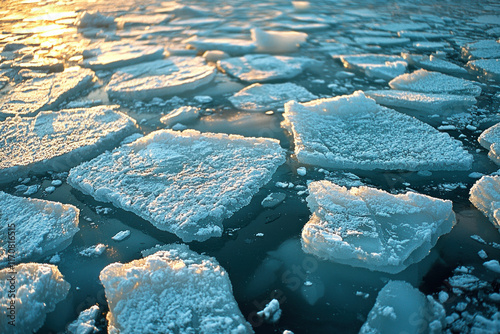 Drifting ice floes at sunset. photo