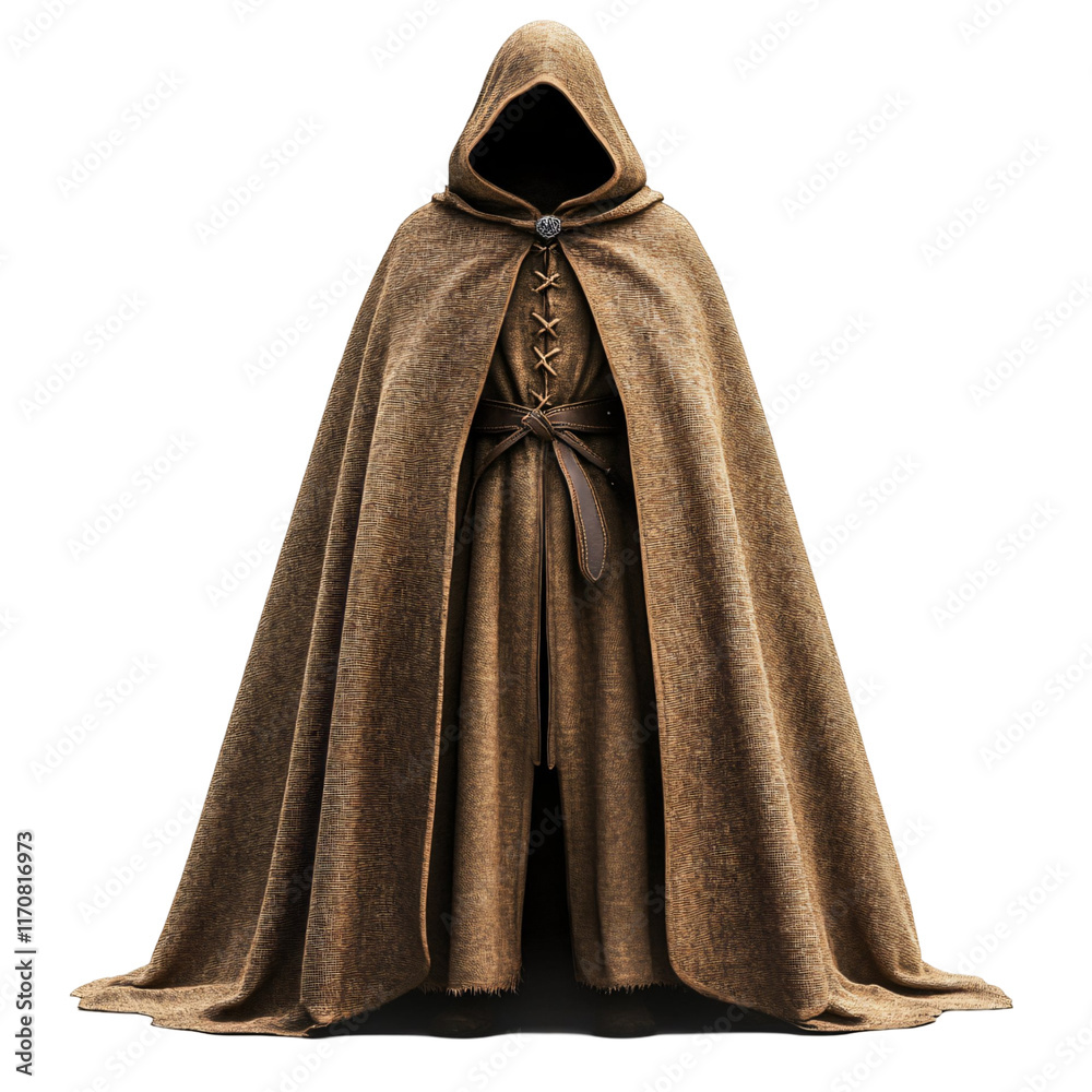 A cloaked figure in a brown robe, evoking a mysterious or fantasy theme.