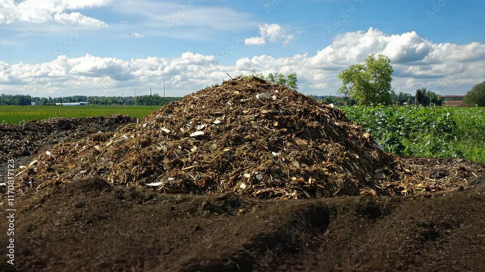Large compost pile in sunny agricultural field with blue sky and clouds