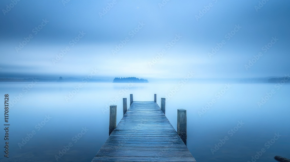 Naklejka premium Serene misty lake scene with wooden dock leading to island