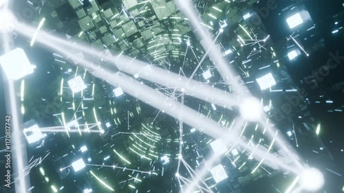 A geometric luminous sphere surrounded by platforms and lights in an abstract technological environment. Video loop seamless synchronized at 120 bmp