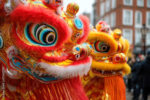 Red lion dancing among de crowd of people as sign on good luck on a Chinese new year festival photo