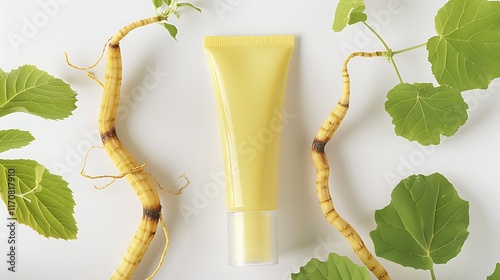 A trendy tube of ginseng moisturizer, accompanied by ginseng roots and leaves on a white backdrop photo