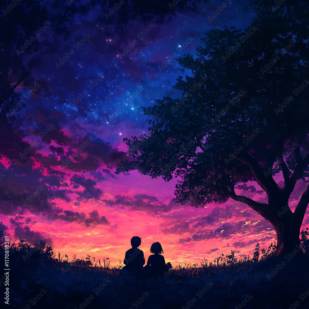 anime love couple sharing peaceful moment under vibrant sky at sunset anime love couple sharing peaceful moment under vibrant sky at sunset
