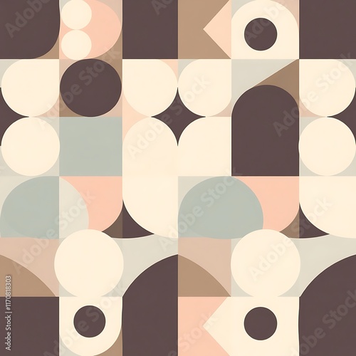 Wallpaper Mural Abstract Geometric Pattern in Soft Tones: A seamless, modern geometric pattern featuring soft, calming hues of brown, beige, and blue. The pattern features a variety of shapes, including circles. Torontodigital.ca
