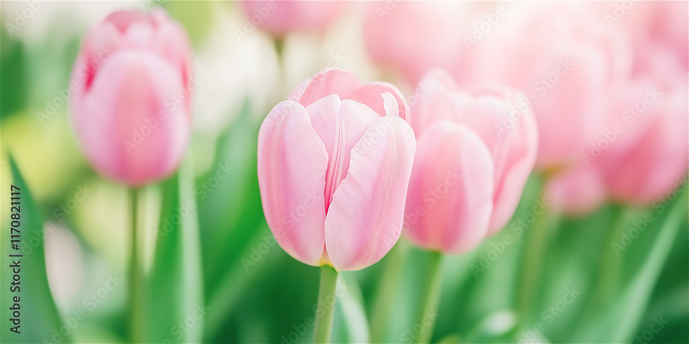 Fototapeta premium Delicate pink tulips in full bloom bask in soft sunlight, capturing the beauty of springtime, renewal, and nature's grace.