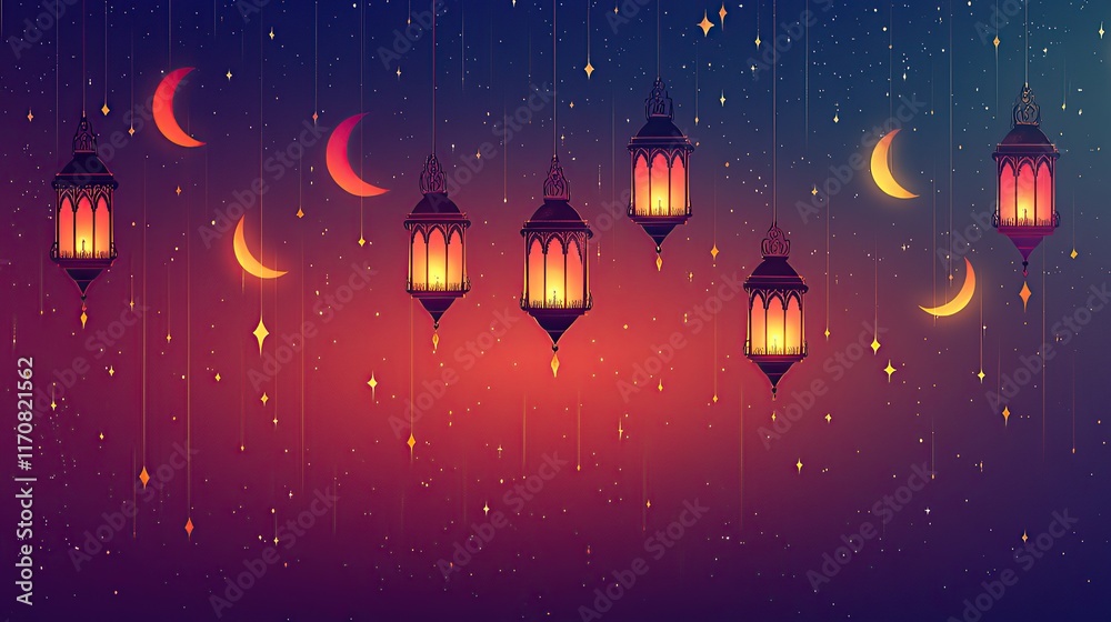 Glowing lanterns and crescent moons on a starry night. Glowing lanterns and crescent moons on a starry night.
