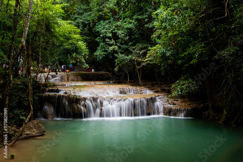 Beautiful and amazing Erawan waterfall in tropical forest of national park, Kanchanaburi, Thailand.