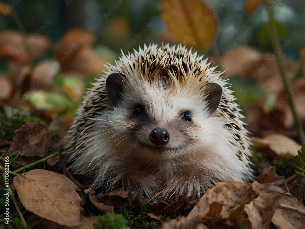 Fototapeta premium Dreamy Hedgehog Delight: A hedgehog curled up, and smiling among soft leaves.