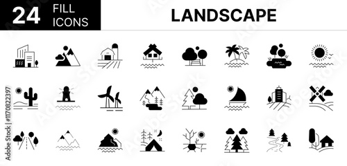 Collection of 24 landscape line icons featuring editable strokes. These outline icons depict various modes of landscape, road, lake, view, land, sea, summer, sunrise, landscape, illustration, vector, 