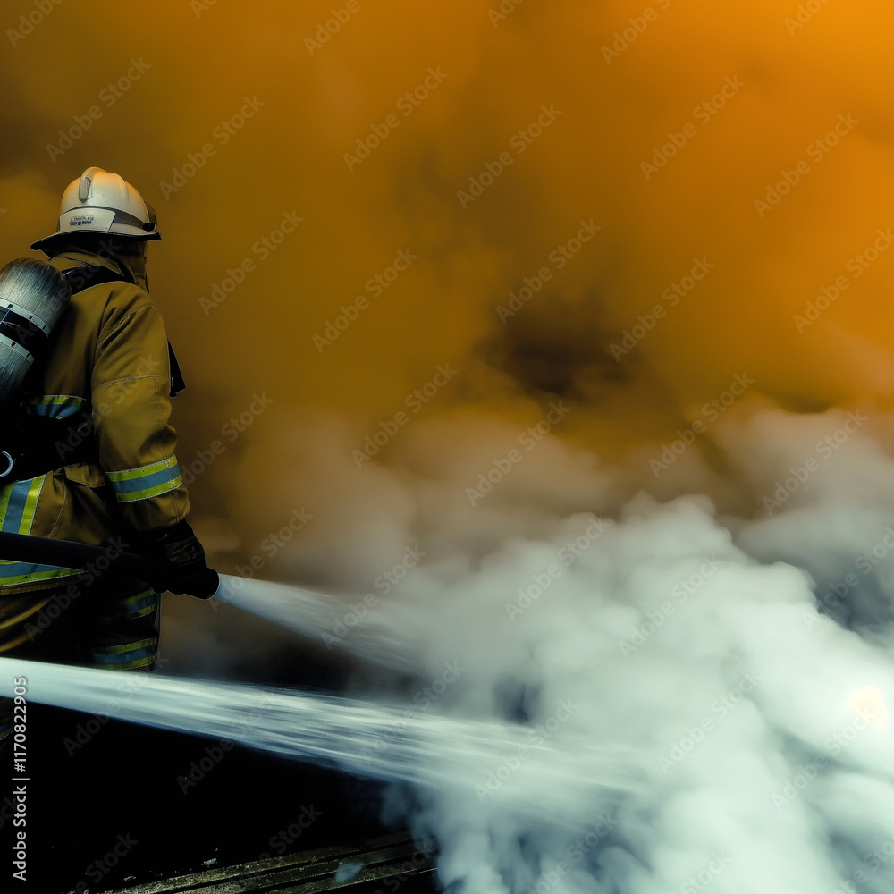 Obraz premium Firefighter using a hose to extinguish flames in a smoky, dramatic atmosphere