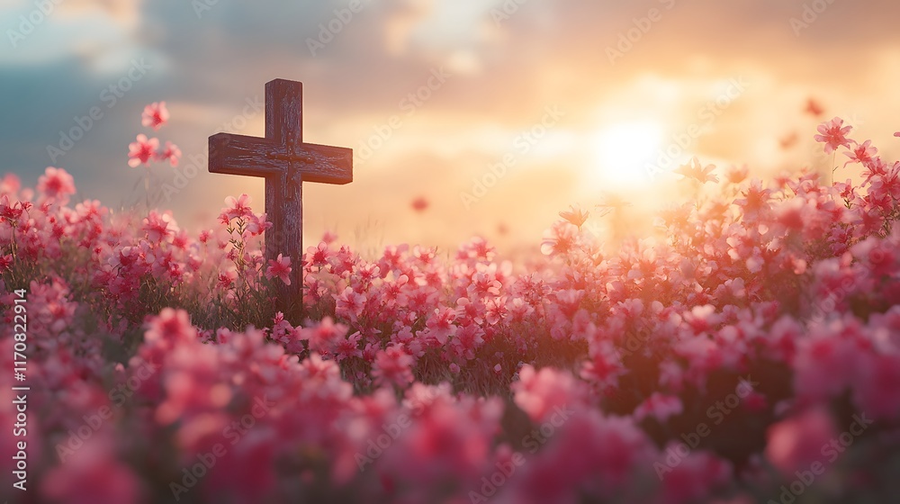 A serene Easter background with soft hues and a cross surrounded by flowers A serene Easter background with soft hues and a cross surrounded by flowers