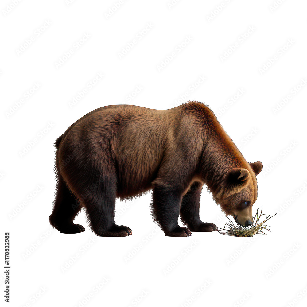 Fototapeta premium Brown Bear Grazing Quietly Against a Plain White Background