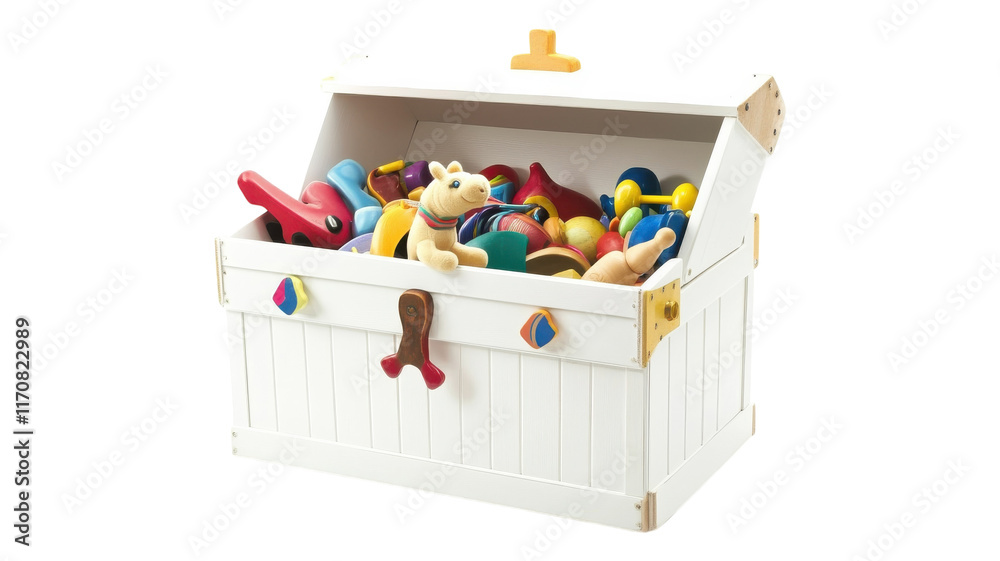 A colorful wooden toy chest filled with various toys in a playful setting during daylight hours.