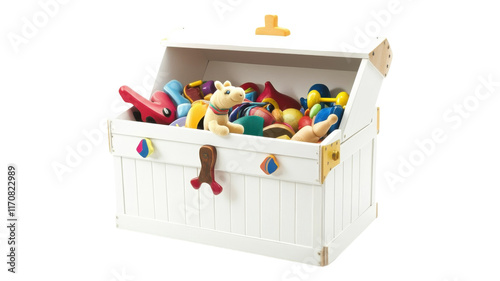 Obraz na płótnie A colorful wooden toy chest filled with various toys in a playful setting during daylight hours. w salonie