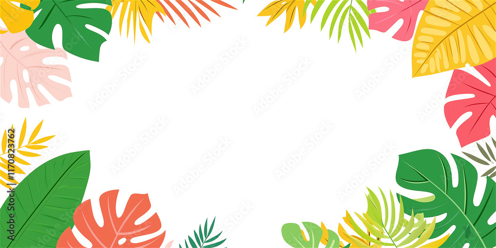 A vibrant botanical-themed background featuring colorful tropical leaves with plenty of empty space for copy or designs. Perfect for creative projects. A vibrant botanical-themed background featuring colorful tropical leaves with plenty of empty space for copy or designs. Perfect for creative projects.