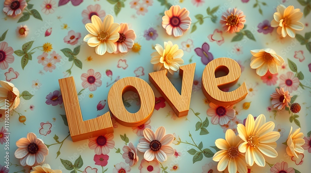 Fototapeta premium overhead shot, soft pastel colors. Bioluminescent glow illuminates wooden letters spelling Love on a floral background. 