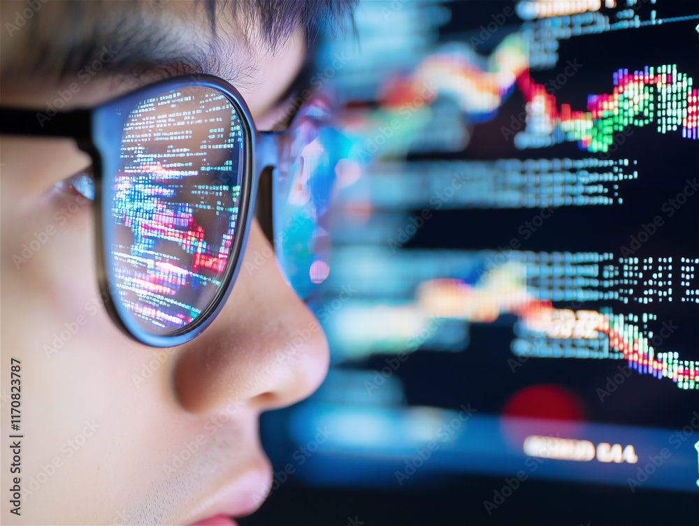 A close-up of a person wearing glasses reflecting stock market charts, depicting the concept of finance, analytics, and technology in modern life. A close-up of a person wearing glasses reflecting stock market charts, depicting the concept of finance, analytics, and technology in modern life.