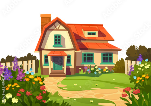 Charming rural cottage with a blooming garden, isolated on a white background. Vector illustration concept for real estate, homestead, nature, outdoor living, banner, eco-friendly lifestyle themes.