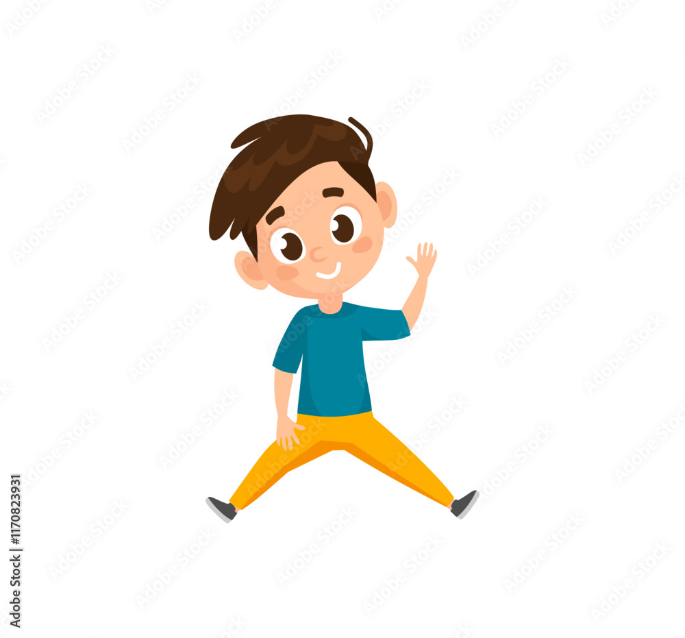 Smiling cheerful boy character jumping and waving. Cute and friendly vector cartoon illustration. Flat style character isolated on white background for children's content, animations, education, sport Smiling cheerful boy character jumping and waving. Cute and friendly vector cartoon illustration. Flat style character isolated on white background for children's content, animations, education, sport