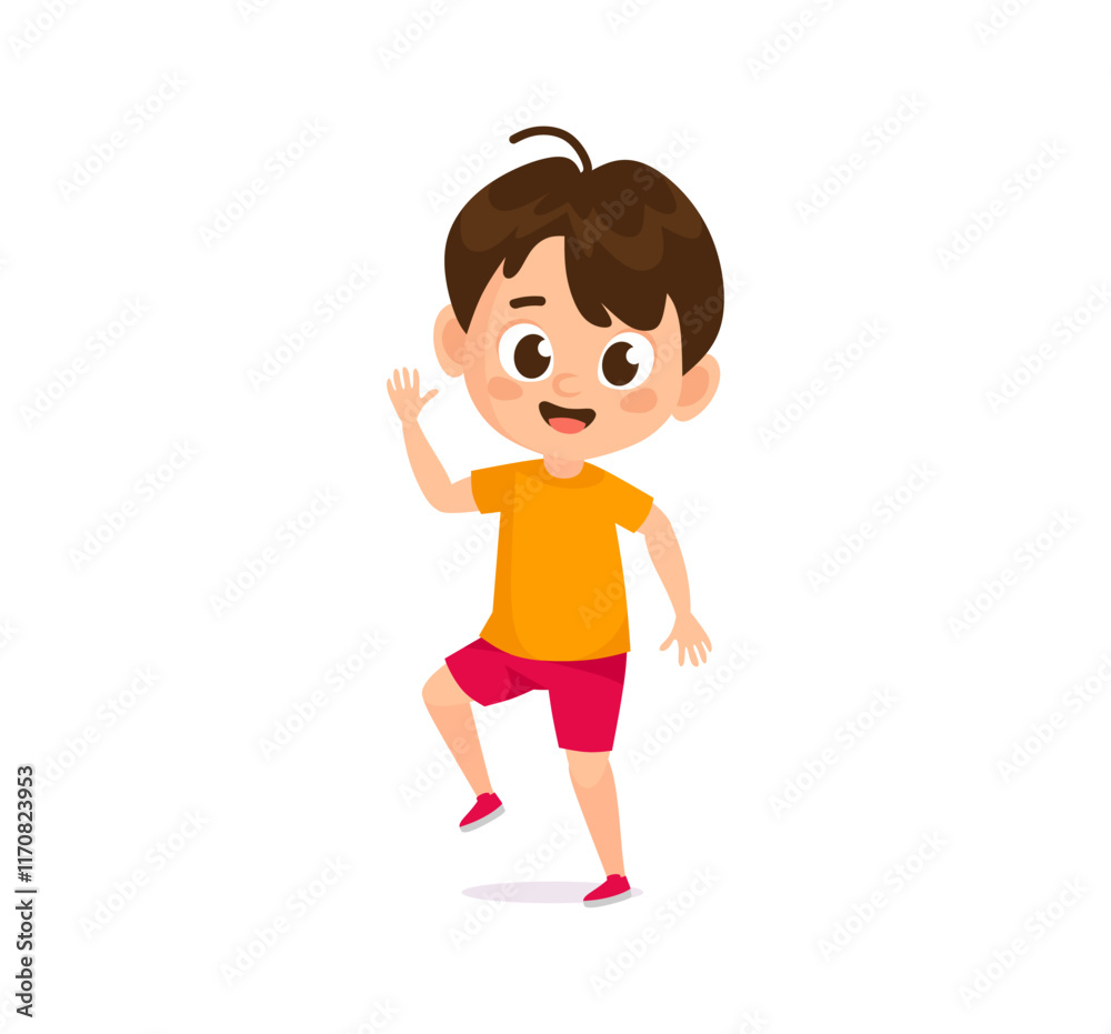 Smiling cheerful boy character jumping and waving. Cute and friendly vector cartoon illustration. Flat style character isolated on white background for children's content, animations, education, sport Smiling cheerful boy character jumping and waving. Cute and friendly vector cartoon illustration. Flat style character isolated on white background for children's content, animations, education, sport