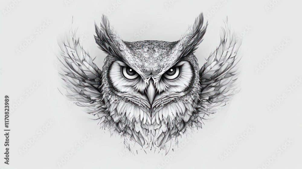 Obraz premium Detailed grayscale illustration of an owl's head and wings, showing intricate feather and facial details