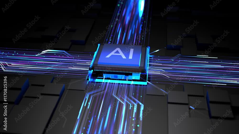 artificial intelligence (AI) concept. activating microchip and powering system. illustration of high performance transferring data of processor chip in blue neon light.