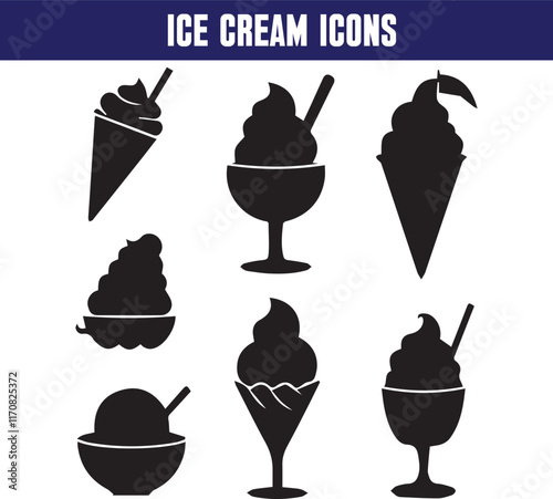 Ice cream black silhouette icons set on white. Balls in waffle cone, soft serve sundae in glass, popsicle on stick. Vector and png elements for minimal summer design, sweet snack illustration or logo
