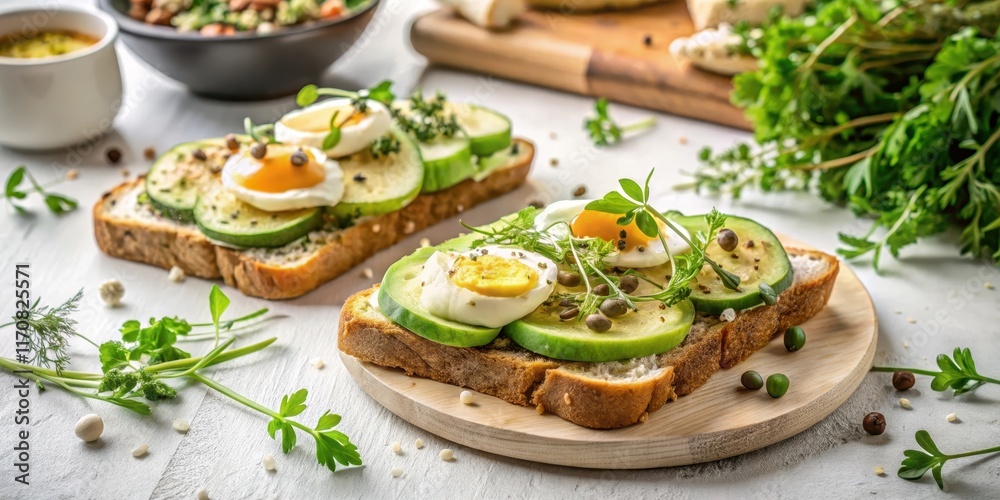 Delicious open-faced sandwiches featuring sliced avocado, soft boiled eggs, and fresh herbs on whole-grain bread