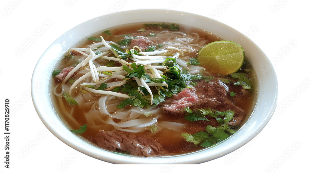 Delicious bowl of Vietnamese pho with beef, fresh herbs, and lime in a traditional white bowl on a wooden table. Delicious bowl of Vietnamese pho with beef, fresh herbs, and lime in a traditional white bowl on a wooden table.
