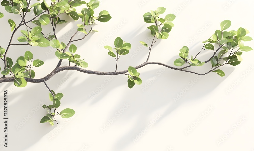 Obraz premium Branch with green leaves casting shadows on white background.