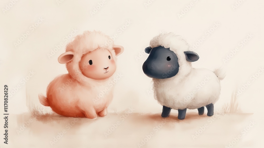 Cute sheep illustration, pastel field background, children's book. Cute sheep illustration, pastel field background, children's book.
